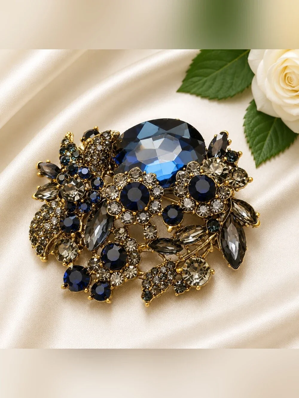 Blue Crystal Statement Brooch Pin | Gold Tone Rhinestone Floral